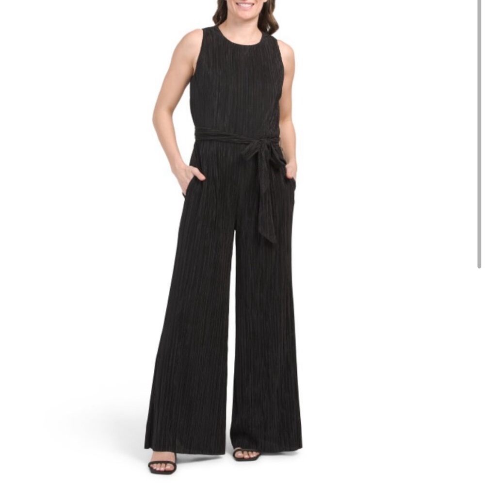 Crinkle Pleated Wide Leg Black Jumpsuit